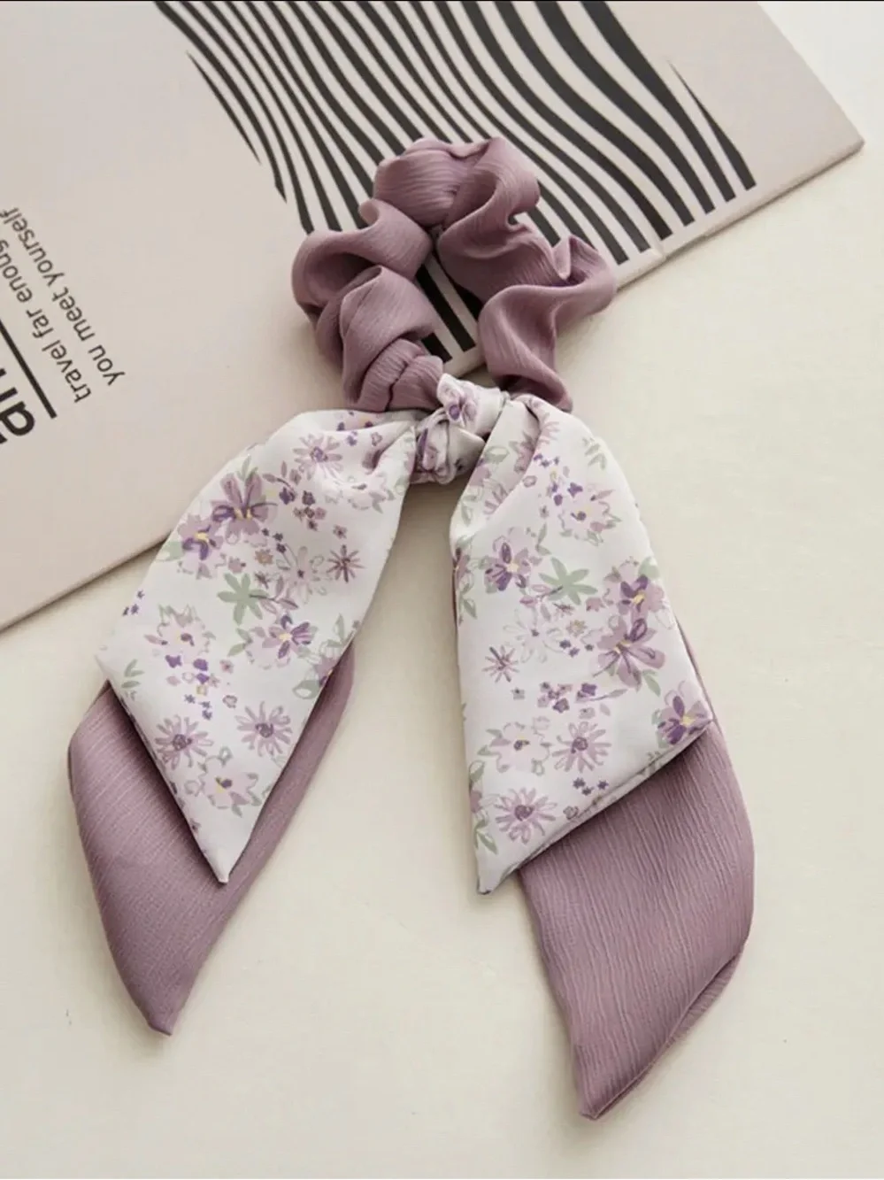Lavender Floral Bow Scrunchie Hair Tie